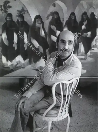 Unknown (Photographer). Sabavala in his studio with a painting from the 'Purdah' series in the background. Photographic Still, n.d. | Contemporary Photograph, The Crucible of Painting, 2005 | Photography | 00801909