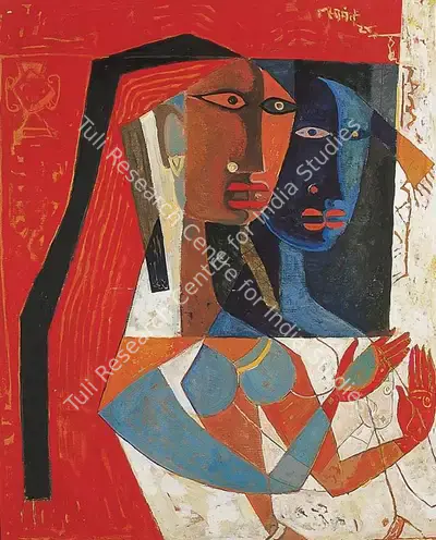 Samant, Mohan (Artist). Blue Mirror. Oil on paper, early 1950s | Painting | FineArts | 00371693
