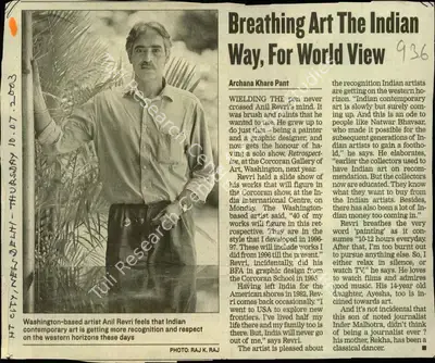 Archana Khare Pant (Reporter), Breathing Art the Indian Way, for World View, 2003, Newspaper Clipping
