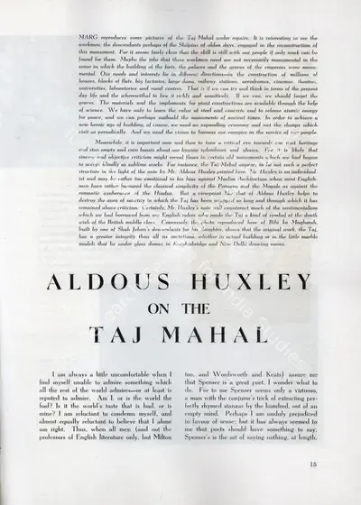 Aldous Huxley (Essayist), Aldous Huxley on the Taj Mahal, 1950, Essay