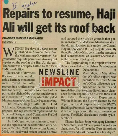 Chandrashekhar Kulkarni (Reporter), Repairs to Resume, Haji Ali will get its roof back, 2002, Newspaper Clipping