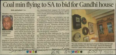 Bella Jaisinghani (Reporter), Coal Min Flying to SA to Bid For Gandhi House, 2009, Newspaper Clipping