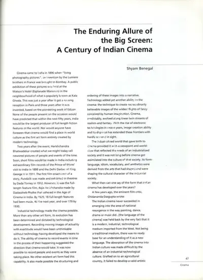 Shyam Benegal (Essayist), The Enduring Allure of the Big Screen, 2000, Essay