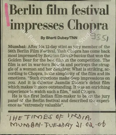 Bharati Dubey (Reporter), Berlin Film Festival Impresses Chopra, 2006, Newspaper Clipping