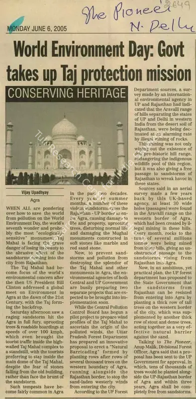 Vijay Upadhyay (Writer), World Environment Day: Govt Takes Up Taj Protection Mission, 2005, Newspaper Clipping