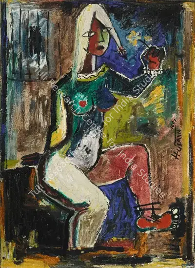 M.F. Husain (Artist), Untitled (Girl with Flower), 1951, Painting