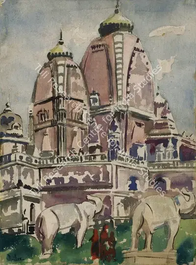 Sailoz Mookherjea (Artist), Temple, 1945, Painting