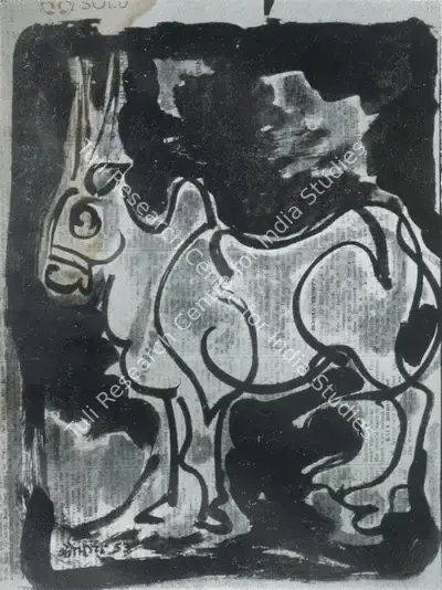Dinkar Kowshik (Artist), Bull, 1953, Drawing