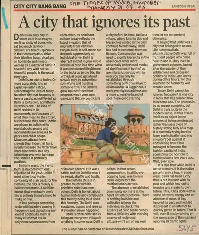 Santosh Desai (Writer), A City that Ignores Its Past, 2006, Newspaper Clipping