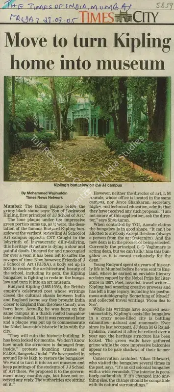 Mohammed Wajihuddin (Writer), Move to Turn Kipling Home into Museum, 2005, Newspaper Clipping