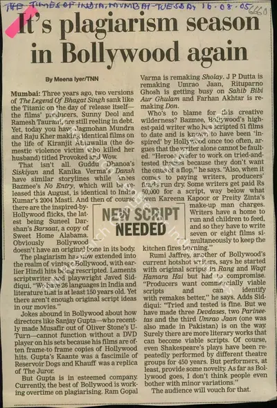 Meena Lyer (Reporter), It's Plagiarism Season in Bollywood Again, 2005, Newspaper Clipping