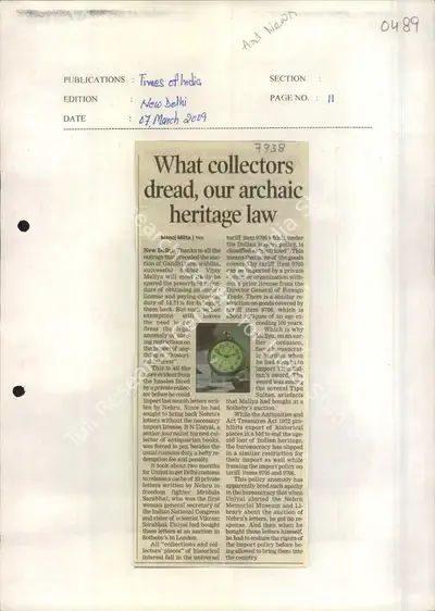 Manoj Mitta (Reporter), What Collectors Dread, Our Archaic Heritage Law, 2009, Newspaper Clipping