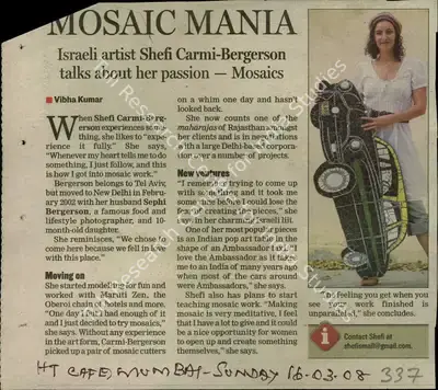 Vibha Kumar (Reporter), Mosaic Mania, 2008, Newspaper Clipping