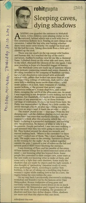 Rohit Gupta (Reporter), Sleeping Caves, Dying Shadows, 2003, Newspaper Clipping