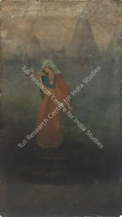 D.P. Roy Chowdhury (Artist), Pujarin amid Temples, 1939, Painting