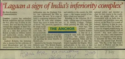 Lagaan a sign of India's Inferiority Complex, 2001, Newspaper Clipping