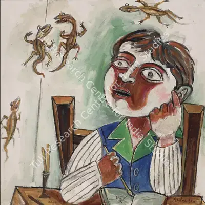 Paritosh Sen (Artist), Boy Watching Lizards on the Wall, 2002, Painting