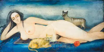 Anjolie Ela Menon (Artist), Nude With Cats, 1983, Painting