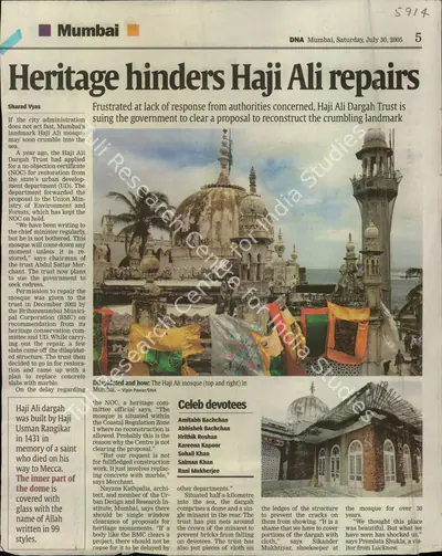 Sharad Vyas (Reporter), Heritage Hinders Haji Ali Repairs, 2005, Newspaper Clipping