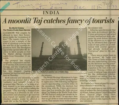 Mohit Dubey (Reporter), A Moonlit Taj Catches Fancy of Tourists, 1999, Newspaper Clipping