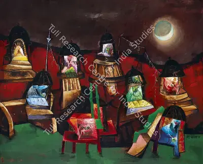Manu Parekh (Artist), Banaras with Moon I, 2012, Painting