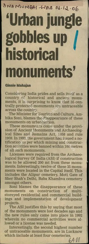 Ginnie Mahajan (Reporter), Urban Jungle Gobbles up Historical Monuments, 2006, Newspaper Clipping