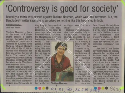 Purnima Sharma (Reporter), Controversy is Good For Society, 2006, Newspaper Clipping