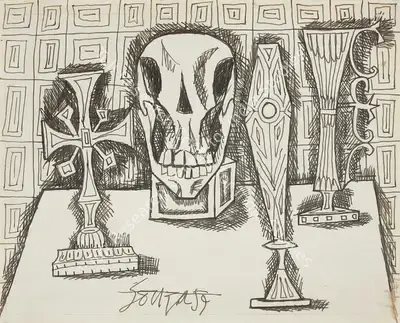 F.N. Souza (Artist), Still Life with The Eucharist, 1959, Drawing