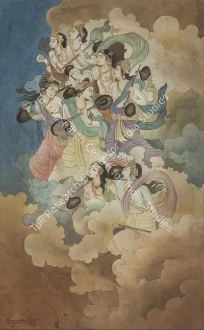 Ramgopal Vijaiwargiya (Artist), Untitled (Celestial Beauties Playing Musical Instruments), 1932, Painting