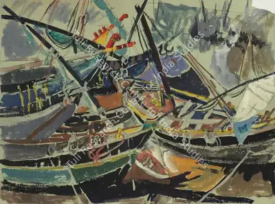 Jyoti&nbsp;Bhatt (Artist), Boats at Ghogha, 1955, Painting