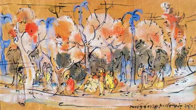 Baij, Ramkinkar (Artist). Landscape In Spring. Watercolour on silk, 1947 | Painting  | 00876698