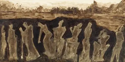 Rabindranath Tagore (Artist), Untitled (Figures in Sepia), 1935, Drawing