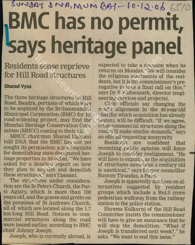 Sharad Vyas (Reporter), BMC has no Permit, says Heritage Panel, 2006, Newspaper Clipping