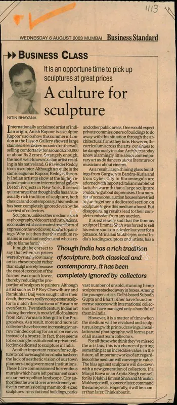 Nitin Bhayana (Reporter), A Culture for Sculpture, 2003, Newspaper Clipping