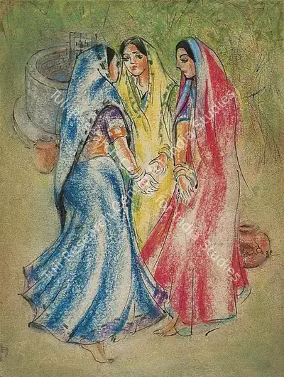 N.S. Bendre (Artist), Women At Well, 1939, Painting
