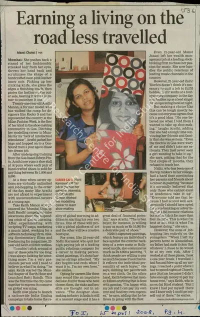 Mansi Choksi (Reporter), Earning a Living on the Road Less Travelled, 2008, Newspaper Clipping