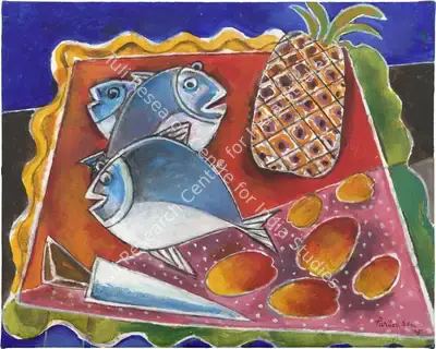 Paritosh Sen (Artist), Still Life with Fish and Fruits, 2005, Painting