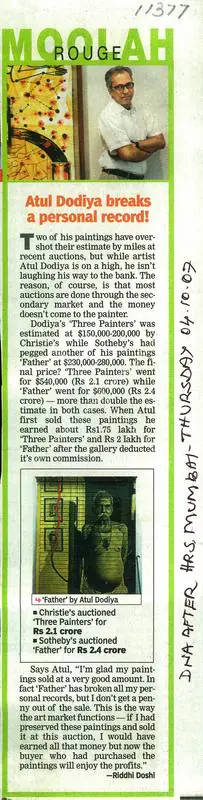Riddhi Doshi (Writer), Atul Dodiya Breaks A Personal Record!, 2007, Newspaper clipping