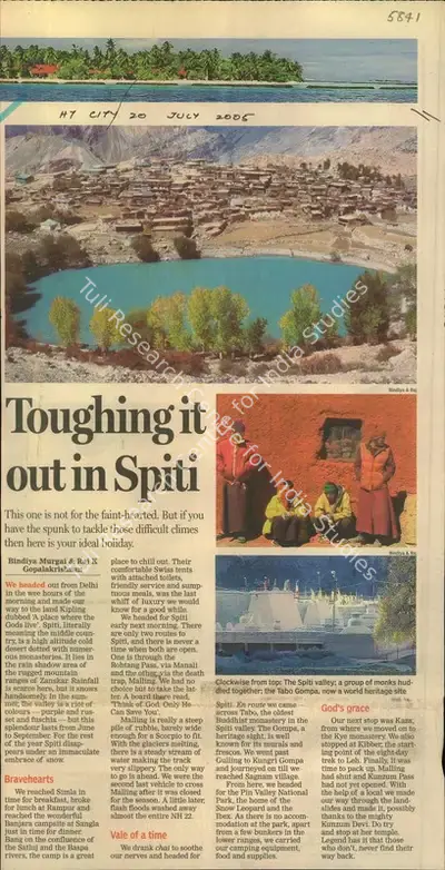 Bindiya Murgai (Reporter), Toughing it Out in Spiti, 2005, Newspaper Clipping