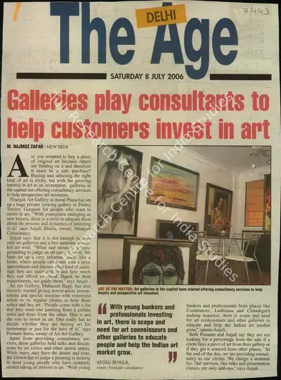 M. Najmuz Zafar (Reporter), Galleries play Consultants to help Customers Invest in art, 2006, Newspaper Clipping