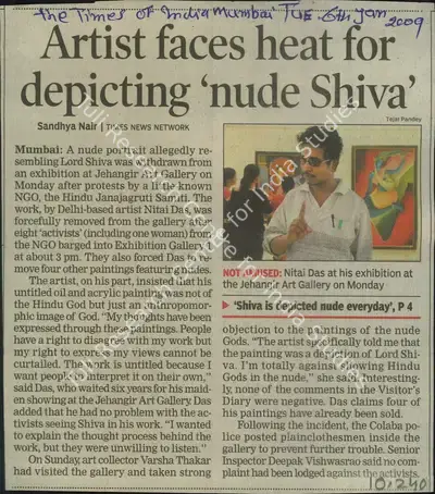 Sandhya Nair (Reporter), Artist faces heat for Depicting 'nude Shiva', 2009, Newspaper Clipping