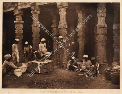 Charles Shepherd (Photographer), Group of moulders at work at the Kutb, 1870, Antiquarian Photograph