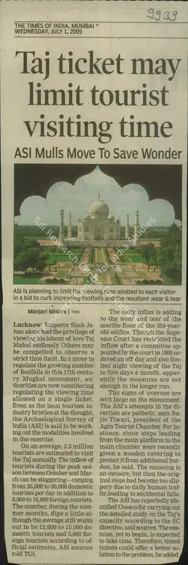 Manjari Mishra (Reporter), Taj Ticket May Limit Tourist Visiting Time, 2009, Newspaper Clipping