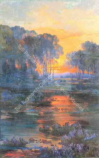 J.P. Gangooly (Artist), Landscape at Evening, Painting