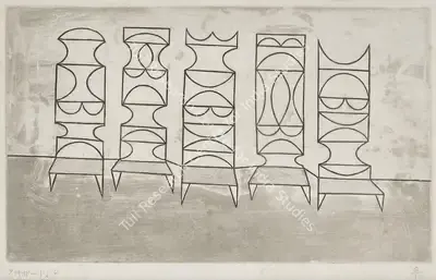 Anwar Jalal Shemza (Artist), Five Chairs, 1962, Graphic Art