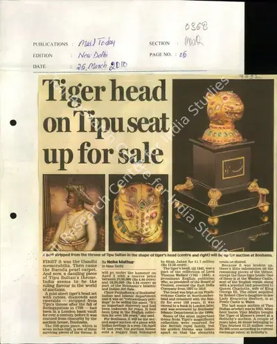 Neha Mathur (Reporter), Tiger Head on Tipu Seat up for Sale, 2010, Newspaper Clipping
