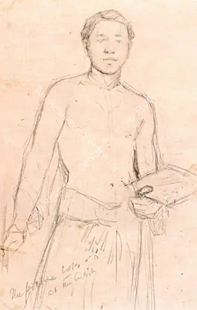 Atul Bose (Artist), Self Portrait holding Palette and Brush, Drawing