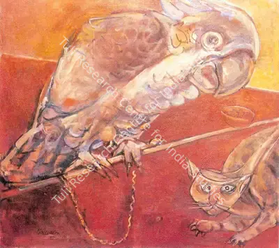Paritosh Sen (Artist), The Cockatoo and the Cat, 1989, Painting