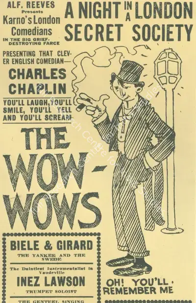Unknown (Publicity Designer), Unknown (Publicity Designer), Poster for Fred Karno's troupe's performance in America, featuring Charlie Chaplin | Theatre related memorabilia, Theatre related memorabilia