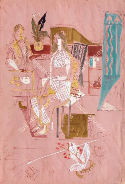 K.G. Subramanyan (Artist), Tea in the Studio, 1952, Painting